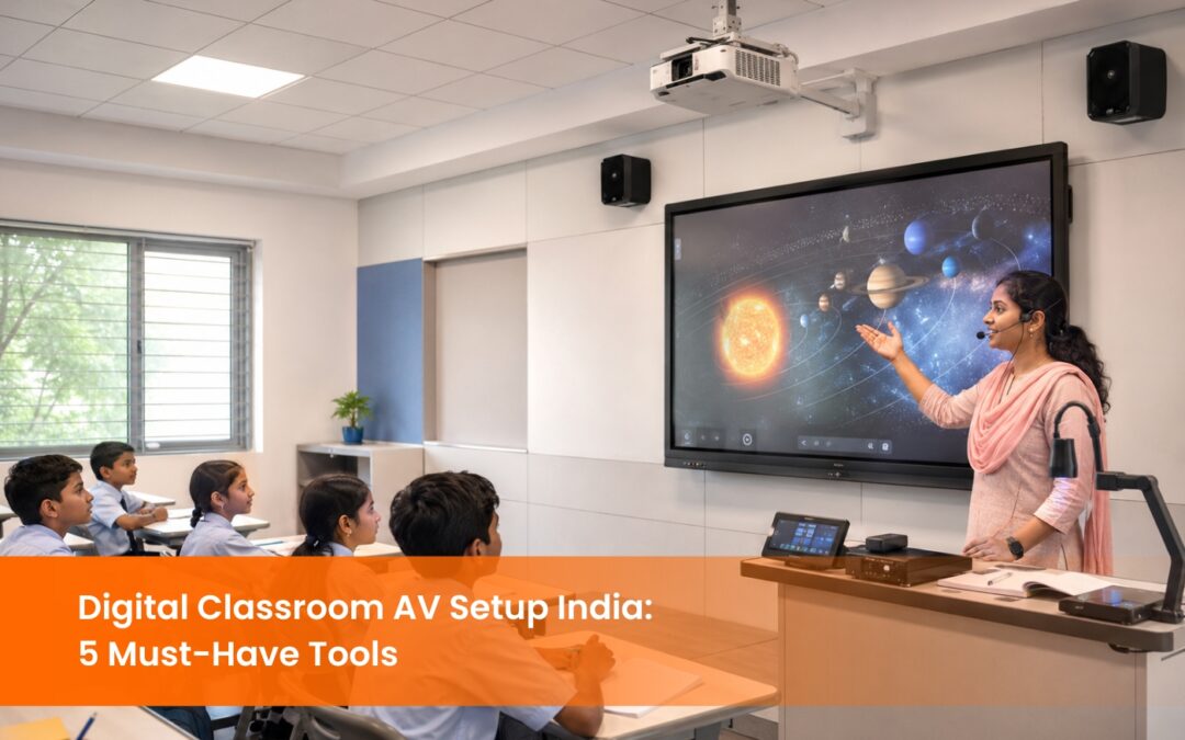 Digital classroom AV setup India with an interactive flat panel display and a teacher presenting to students
